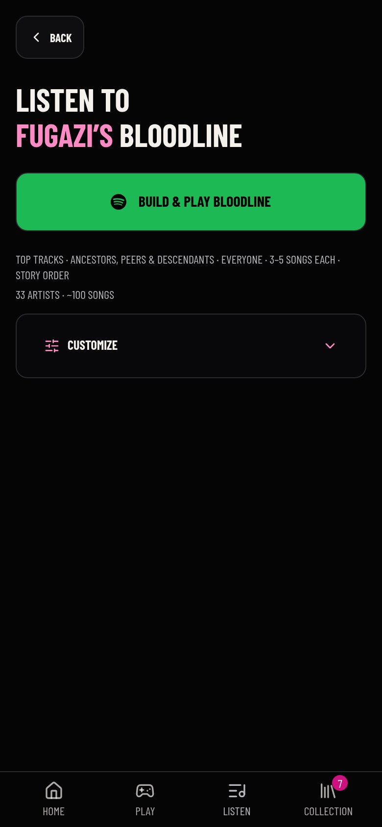 Turn any Bloodline into a Spotify playlist, in order.